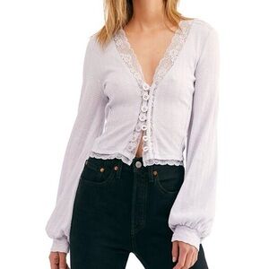 Free People Run With Me Lilac Lace Button-Down Cardigan Size Small